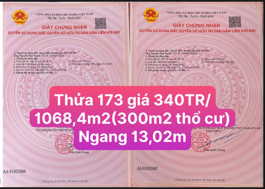 340TR/1068m2(300m2 thổ cư ngang 13,02m) tại Lâm Đồng 0938609098