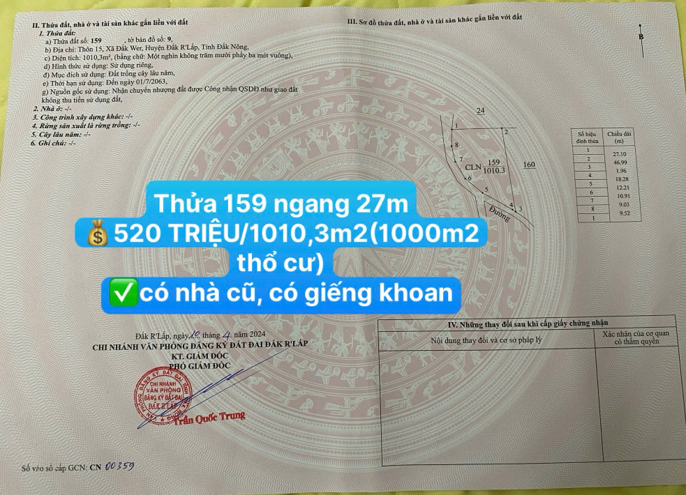💰520 TRIỆU/1010,3m2(có 1000m2 thổ cư)☎️0938.60.9098 Ms.Trọng