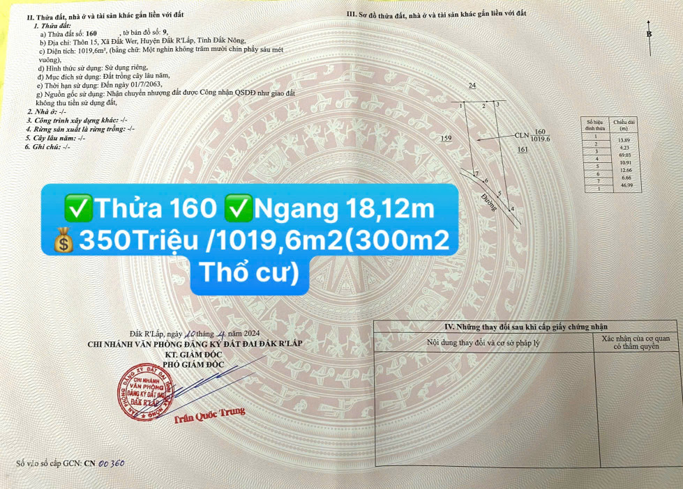 💰350 TRIỆU/1019,6m2( 300m2 thổ cư)☎️0938.60.9098 Ms.Trọng