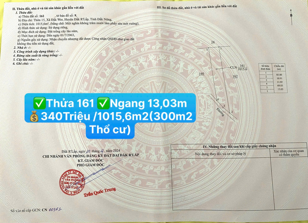 💰340 TRIỆU/1015,6m2(có 300m2 thổ cư) ☎️0938.60.9098 Ms.Trọng