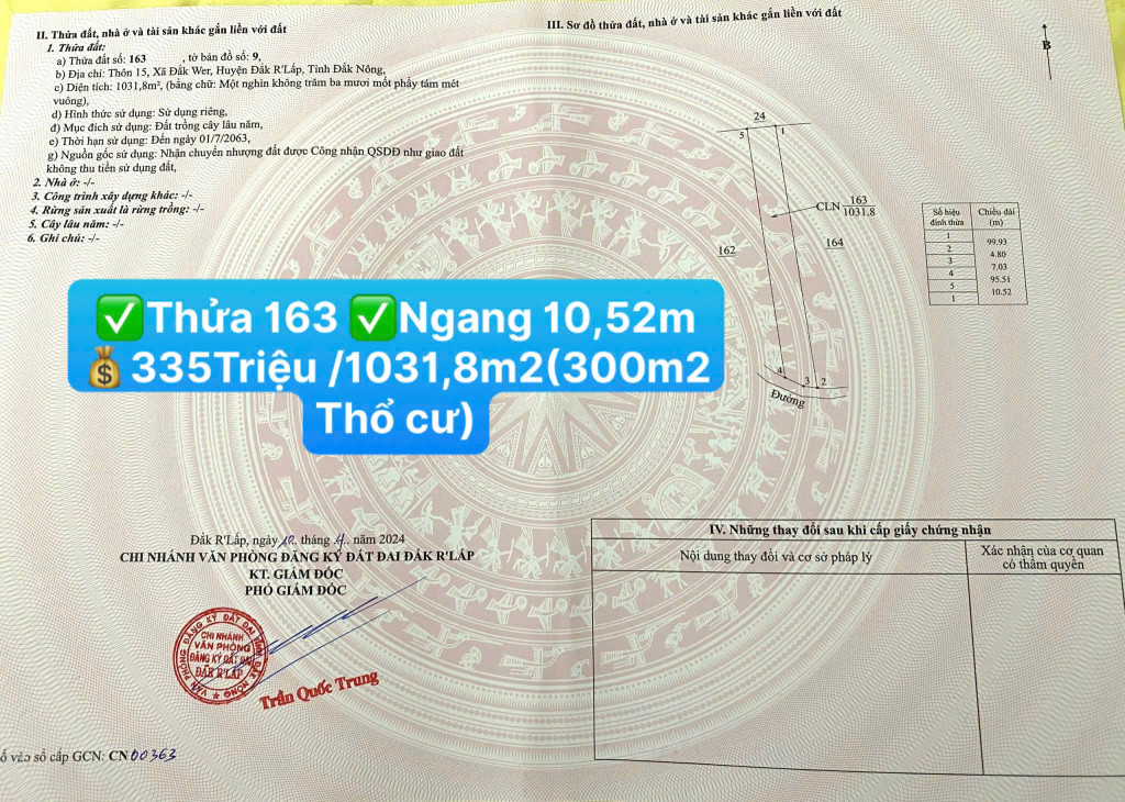 💰335 TRIỆU/1031,8m2( 300m2 thổ cư)☎️0938.60.9098 Ms.Trọng