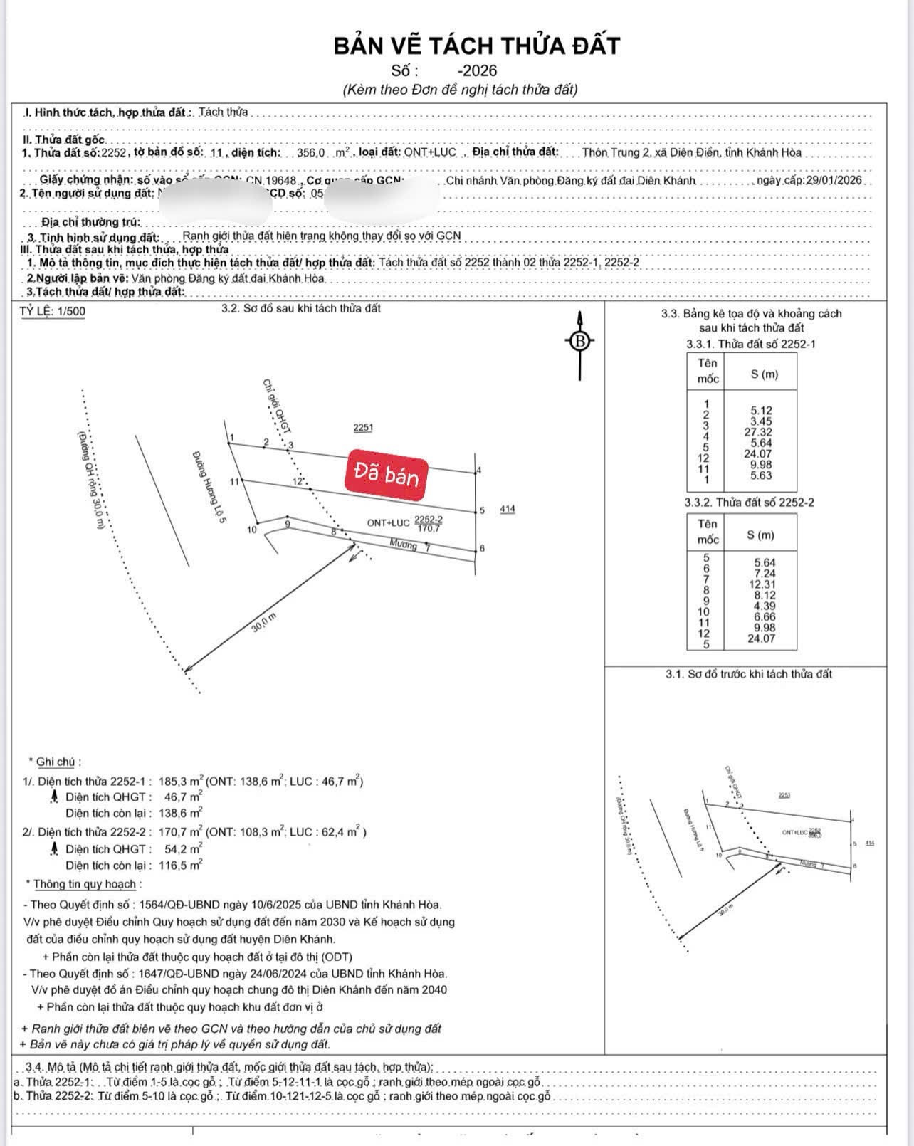 BÁN LÔ ĐẤT MẶT TIỀN HƯƠNG LỘ 5 , DIÊN ĐIỀN , DIÊN KHÁNH . DT 170m2 có 100m2 THỔ CƯ . GIÁ 1TỶ750 TRIỆU