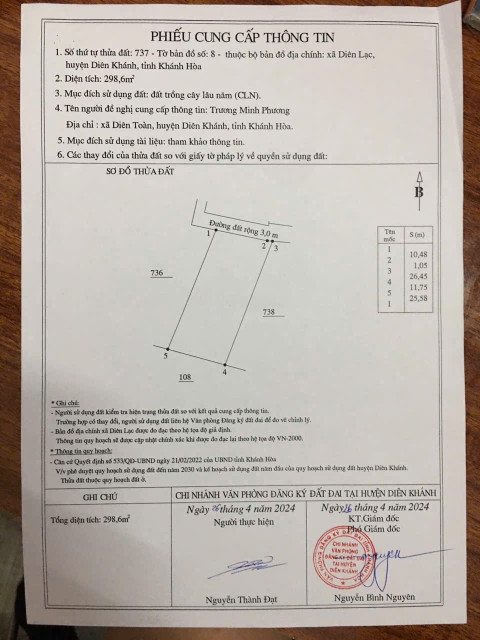 Bán lô đất cây lâu năm xã Diên Lạc Diên Khánh. Cách tỉnh lộ 2 chỉ 300m. Khu dân sinh