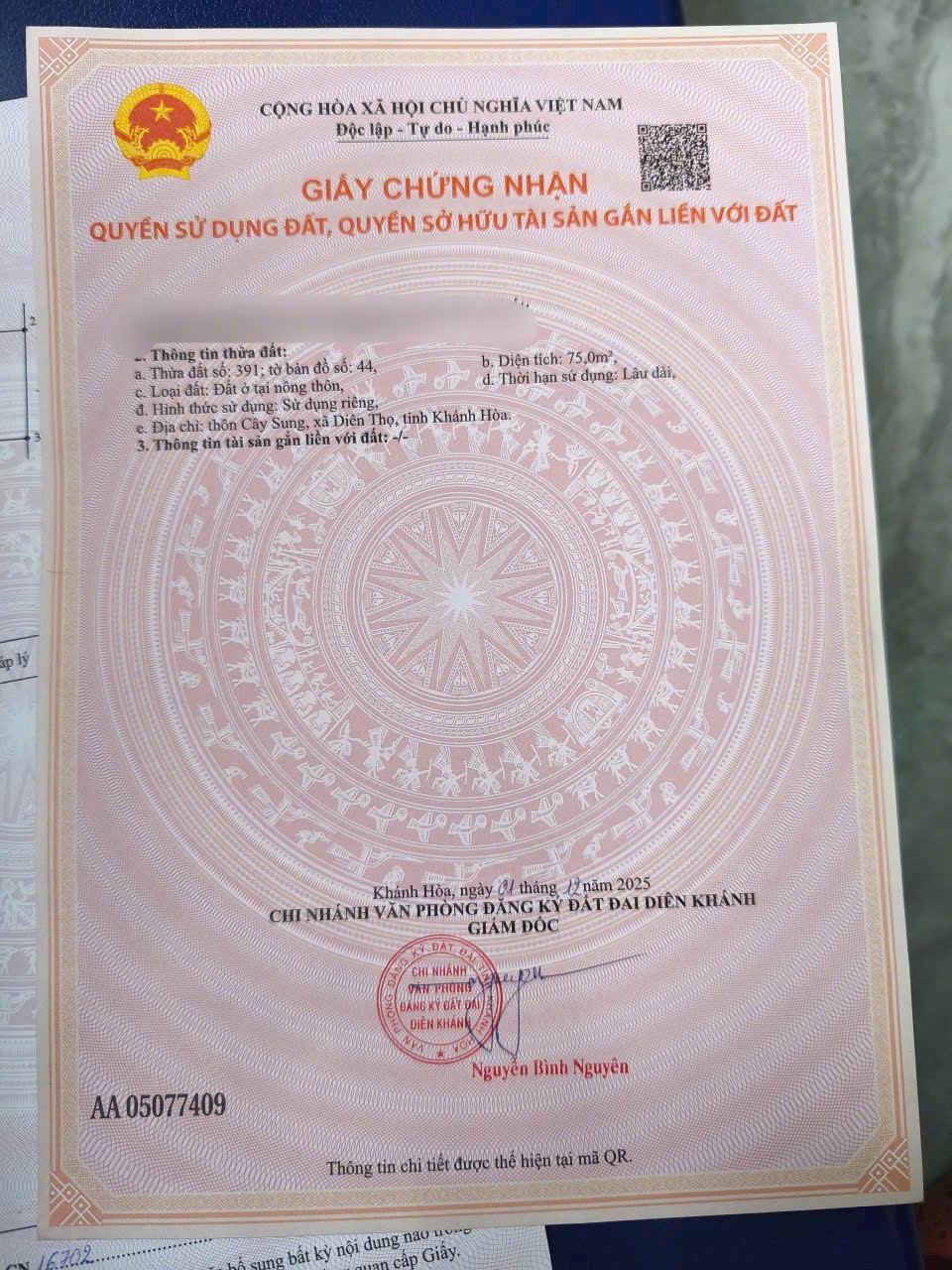 Cần bán lô đất giá rẻ ở Diên Tân . DT 75m2 full thổ cư . Lô góc . Giá chỉ có 399 triệu
