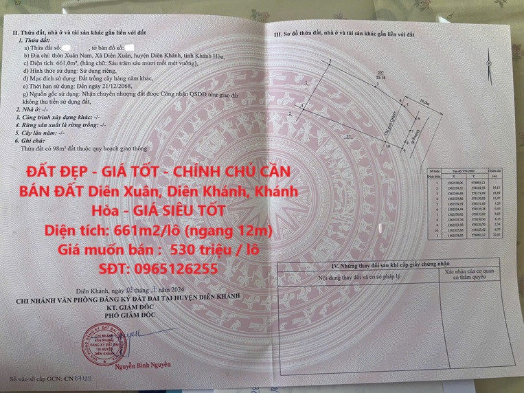 ĐẤT ĐẸP - GIÁ TỐT - CHÍNH CHỦ CẦN BÁN ĐẤT Diên Xuân, Diên Khánh, Khánh Hòa - GIÁ SIÊU TỐT