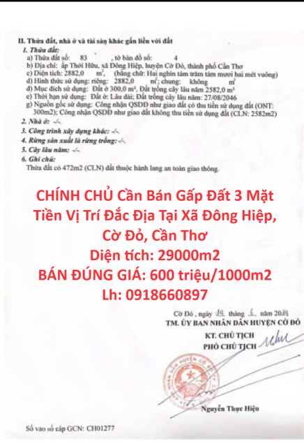 CHÍNH CHỦ Cần Bán Gấp Đất 3 Mặt Tiền Vị Trí Đắc Địa Tại Xã Đông Hiệp, Cờ Đỏ, Cần Thơ