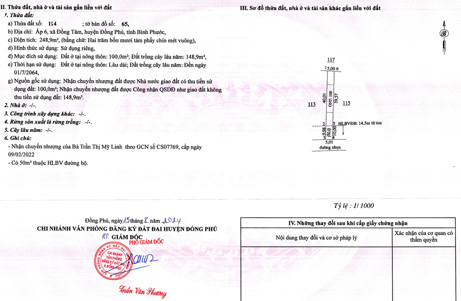 Bán đất 248.9m² có sẵn 100m² thổ cư ngang 5m giá 870 triệu tại Xã Đồng Tâm