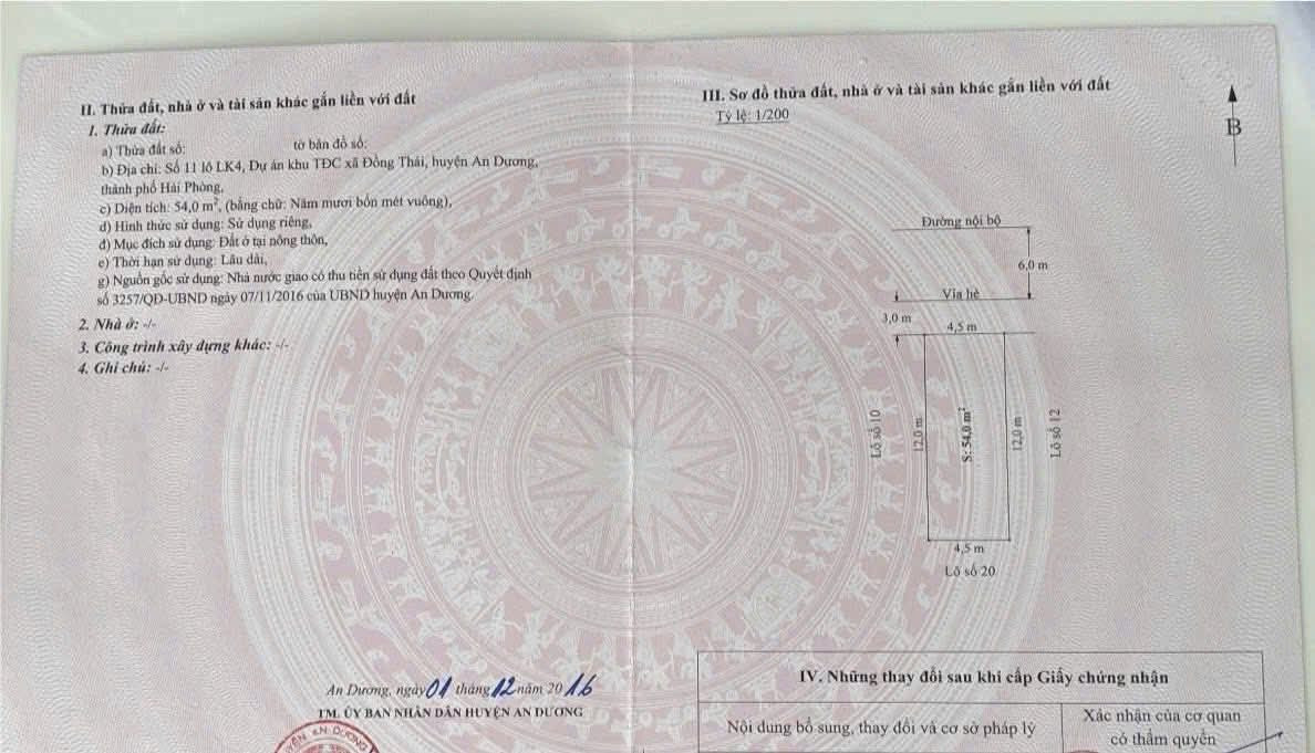 Lô đát 54m2 cực đẹp tại  tái định cư bạch mai, Đồng Thái, an dương,hải phòng
