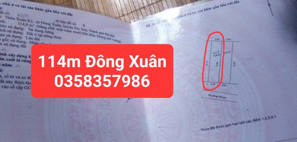 Bán đất Đông Xuân DT 114m vuông,mặt tiền 5m giá bán 6 tỷ 100 triệu
