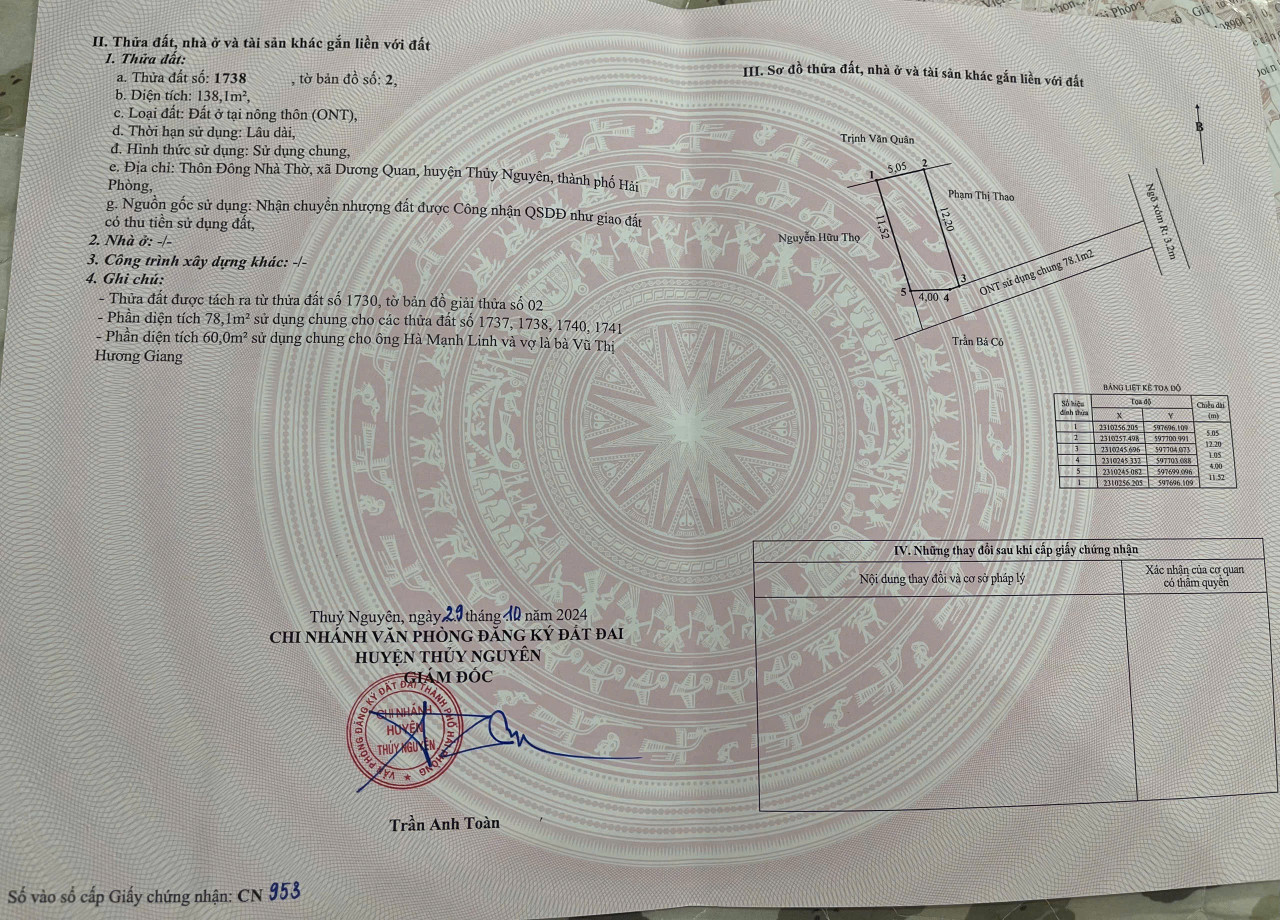 Bán 60m Dương Quan gần ngay trung tâm hành chính mới , ngõ ô tô 7 chỗ vào tận nơi. L/h:076.231.9990 e Thuý