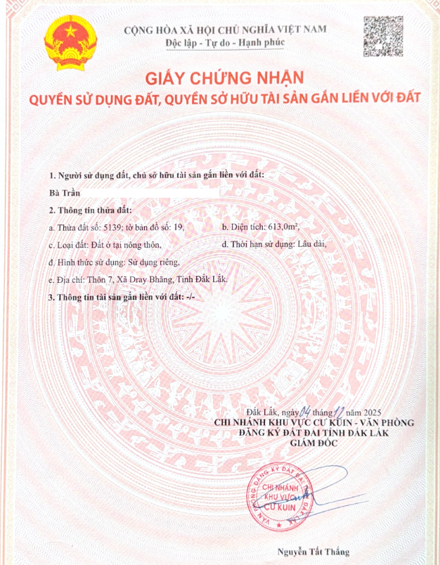 BÁN ĐẤT FULL THỔ CƯ, HẬU DÀI, CHÍNH CHỦ KHÔNG QUA MÔI GIỚI, GIÁ TỐT TẠI THÔN 7, XÃ DRAY BHANG – ĐẮK LẮK