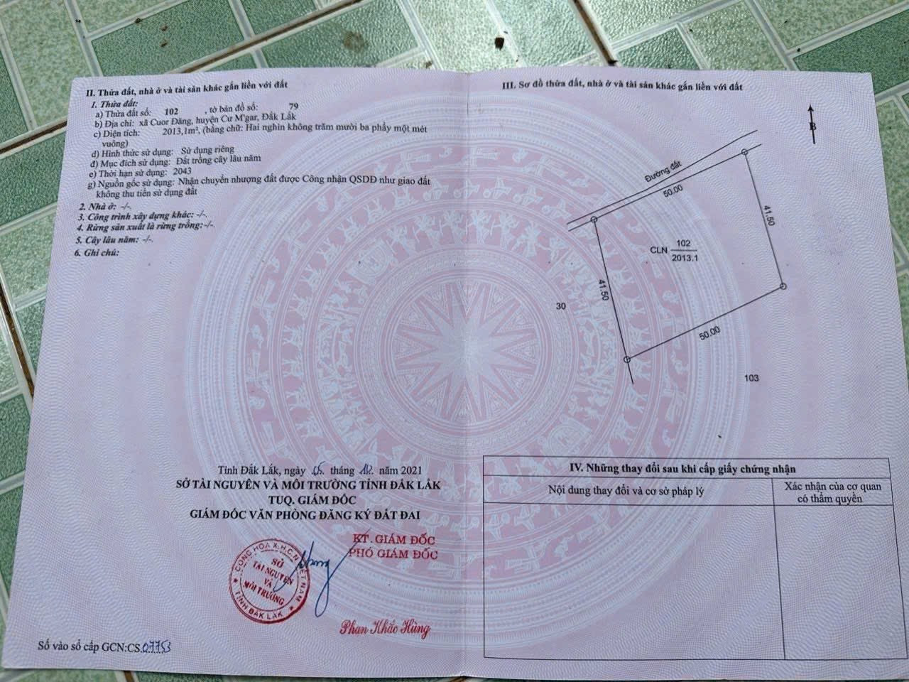 Bán đất 2013.1m² 625 triệu tại Xã Ea D'Rơng Huyện Cư M'gar