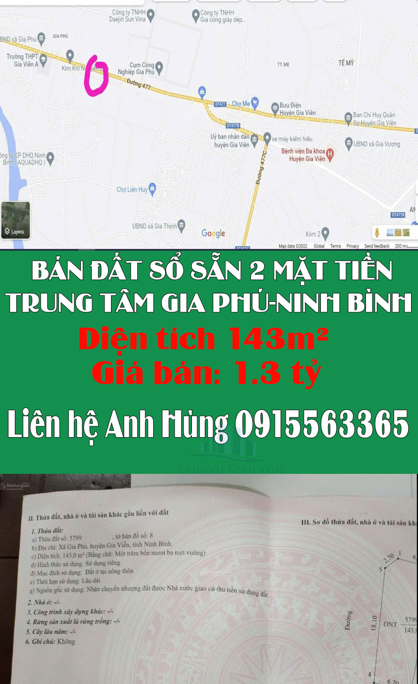 CHÍNH CHỦ BÁN ĐẤT SỔ SẴN 2 MẶT TIỀN TRUNG TÂM GIA PHÚ-NINH BÌNH