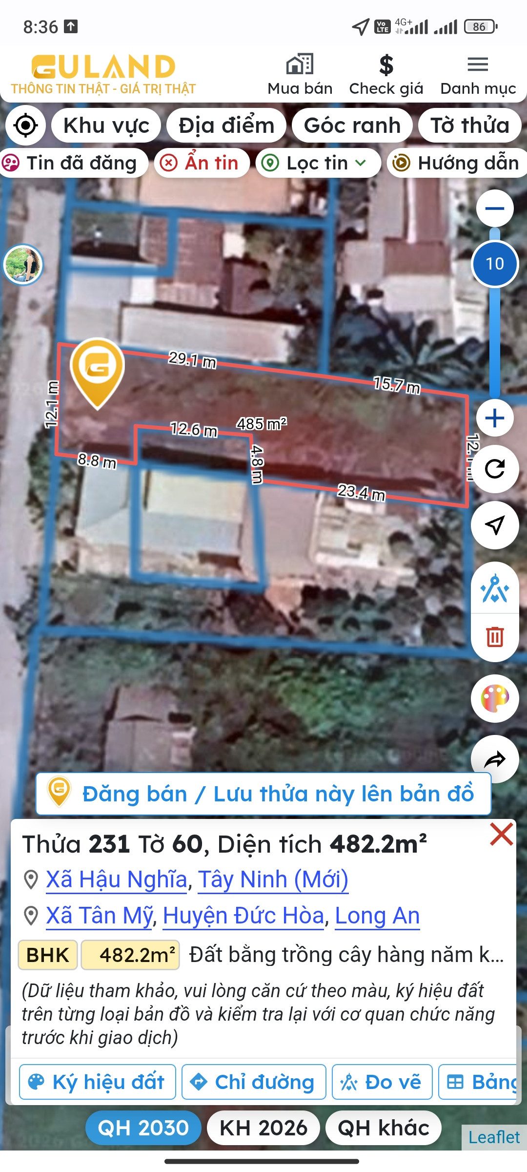 Bán đất 482.2m² có sẵn 480m² thổ cư ngang 12m giá 7.5 tỷ tại Xã Hậu Nghĩa
