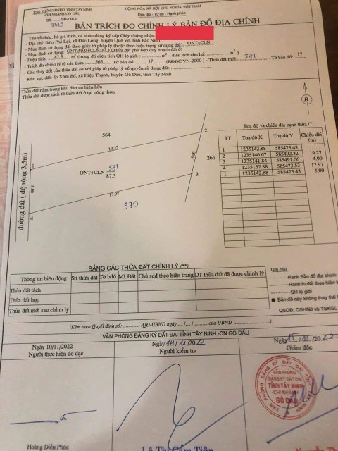 Bán đất 87.8m² 250 triệu tại Xã Hiệp Thạnh Huyện Gò Dầu