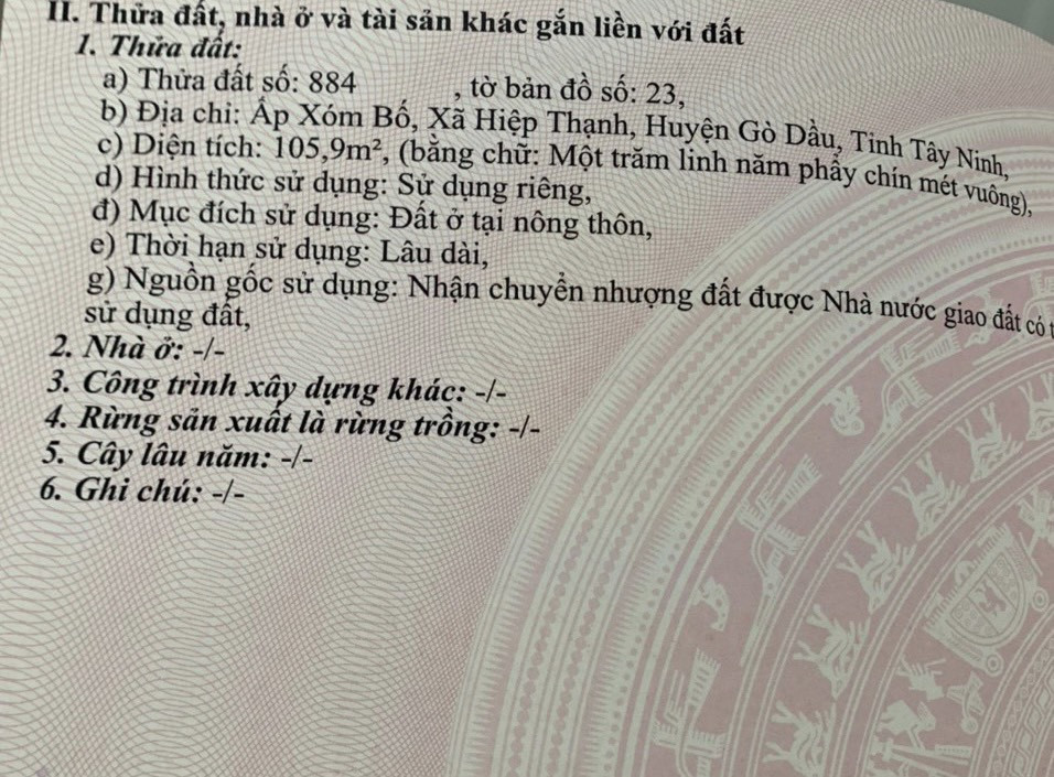 cần bán mảnh đất . diện tích 105 m2 . xã hiệp thạnh . gò dầu