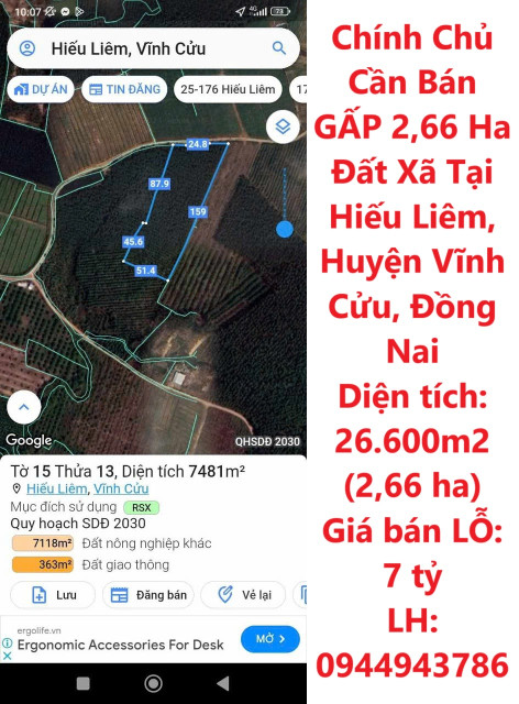 Chính Chủ Cần Bán GẤP 2,66 Ha Đất Xã Tại Hiếu Liêm, Huyện Vĩnh Cửu, Đồng Nai