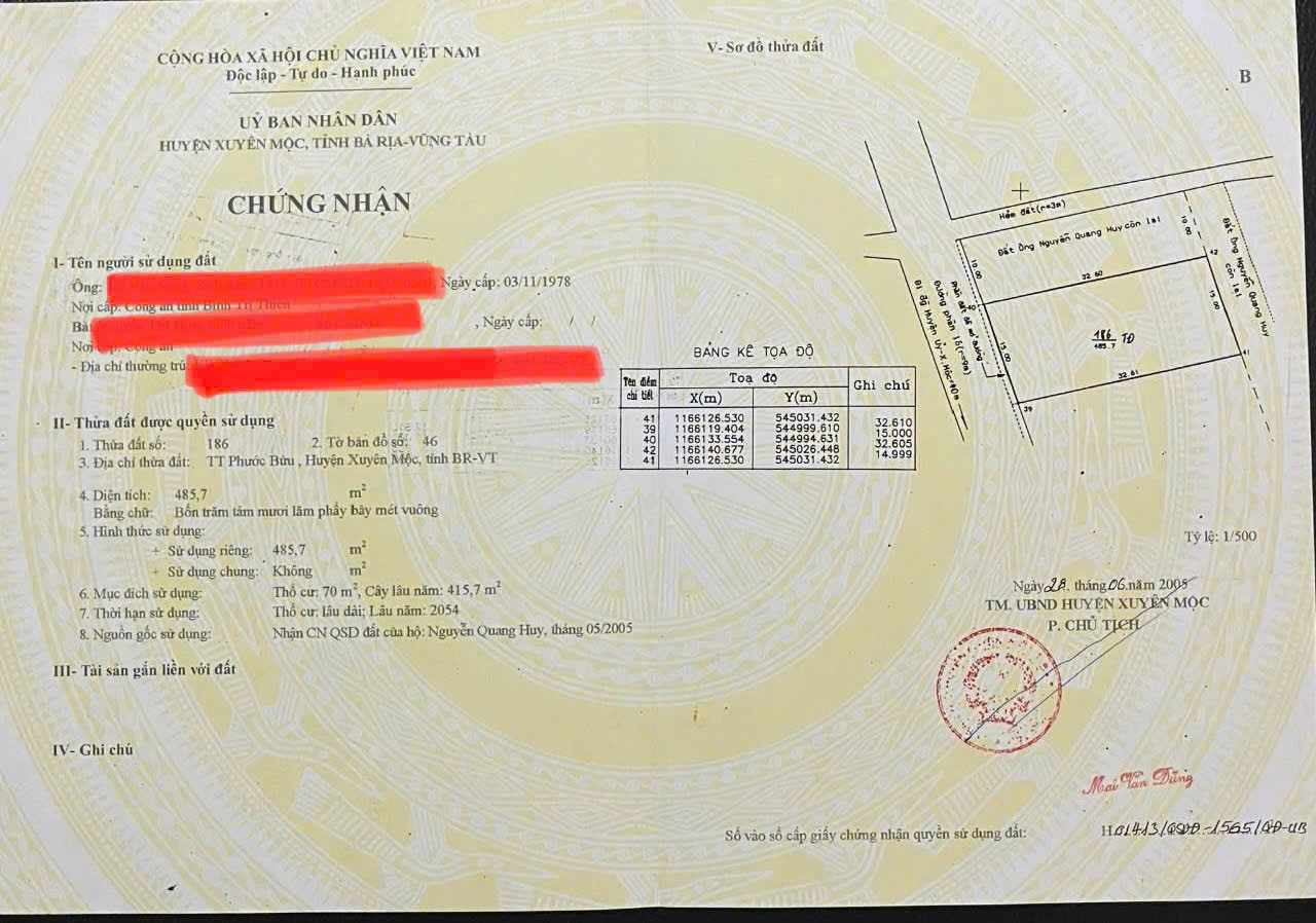 Bán đất 485,7m² ngang 15m giá 5.7 tỷ Xã Hồ Tràm Xuyên Mộc