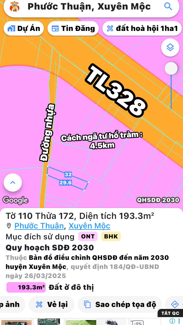 Bán đất 193,2m² ngang 6m giá 1.7 tỷ Xã Hồ Tràm