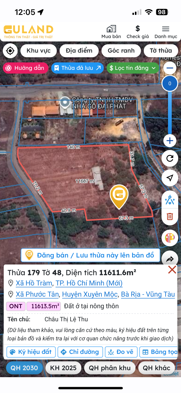 Bán đất 11611.6m² ngang 84,5m giá 14 tỷ Xã Hồ Tràm