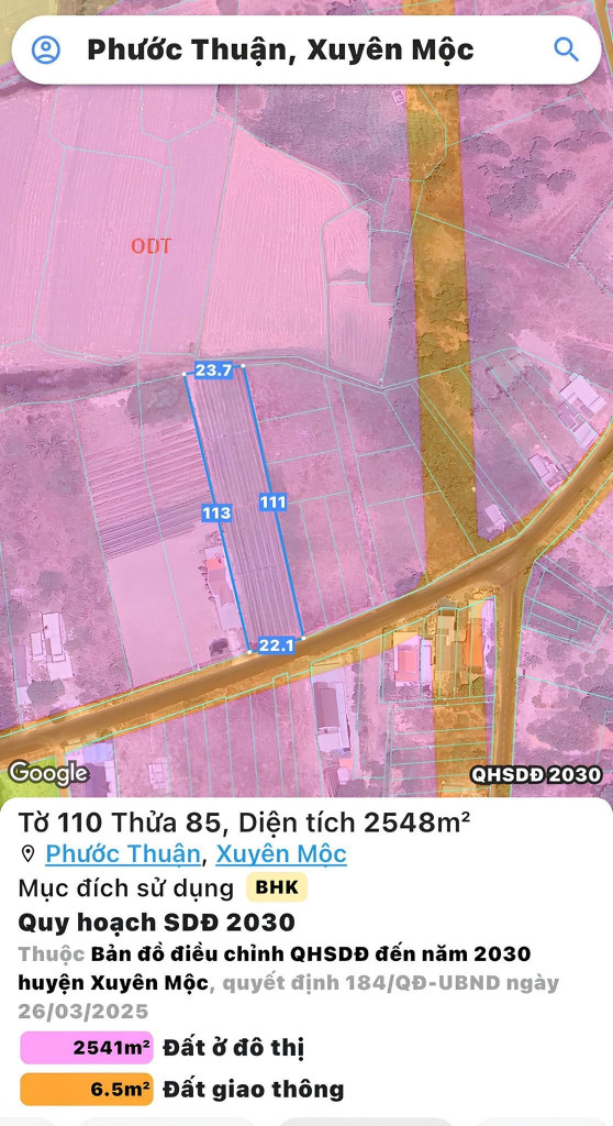 Bán đất 2548m² ngang 22m giá 14.8 tỷ Xã Hồ Tràm