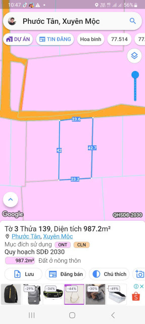 Bán đất 987,3m² ngang 23,6m giá 3.1 tỷ Xã Hồ Tràm
