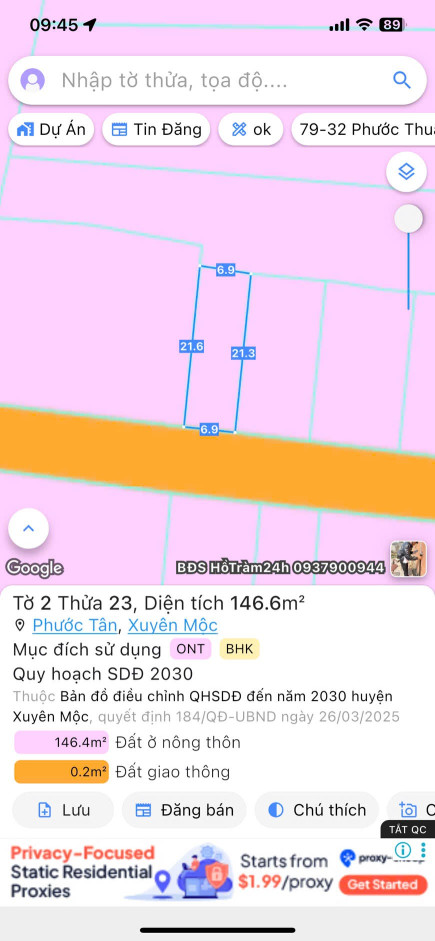 Bán đất 146,6m² ngang 6.9m giá 1.2 tỷ Xã Hồ Tràm
