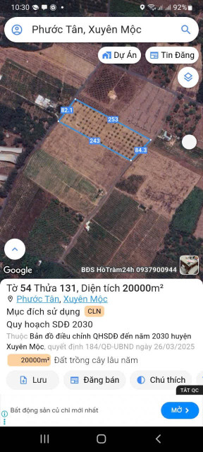 Bán đất 20000m² ngang 84m giá 27 tỷ Xã Hồ Tràm