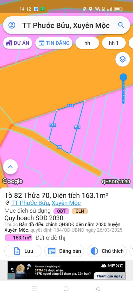 Bán đất 163.1m² ngang 11m giá 4.9 tỷ Xã Hồ Tràm