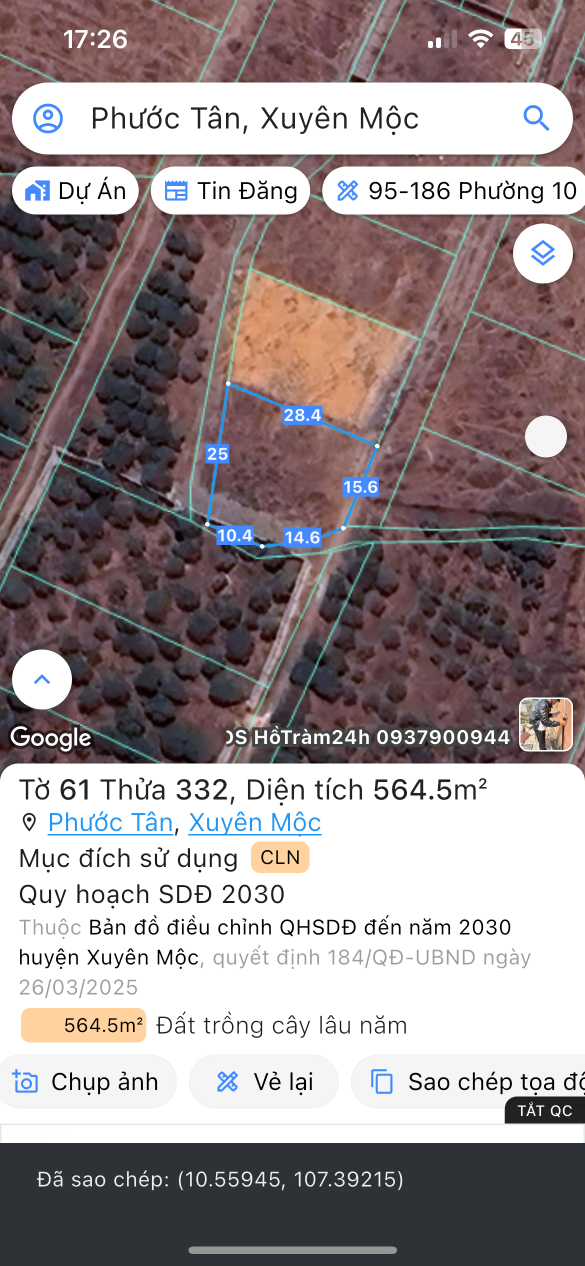 Bán đất 565m² ngang 25m giá 2.65 tỷ Xã Hồ Tràm