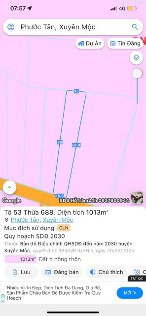 Bán đất 1018m² ngang 10.5m giá 2.1 tỷ Xã Hồ Tràm