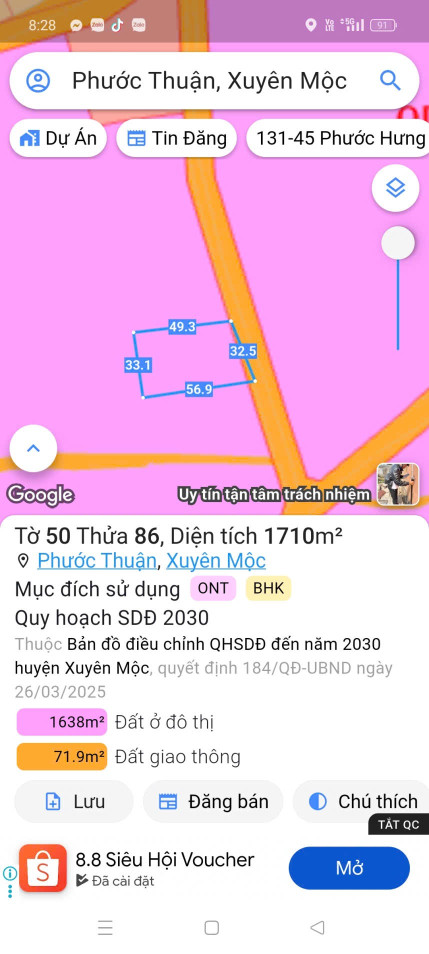 Bán đất 1710m² ngang 32.5m giá 3.8 tỷ Xã Hồ Tràm