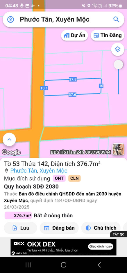 Bán đất 376.7m² ngang 10m giá 1.65 tỷ Xã Hồ Tràm