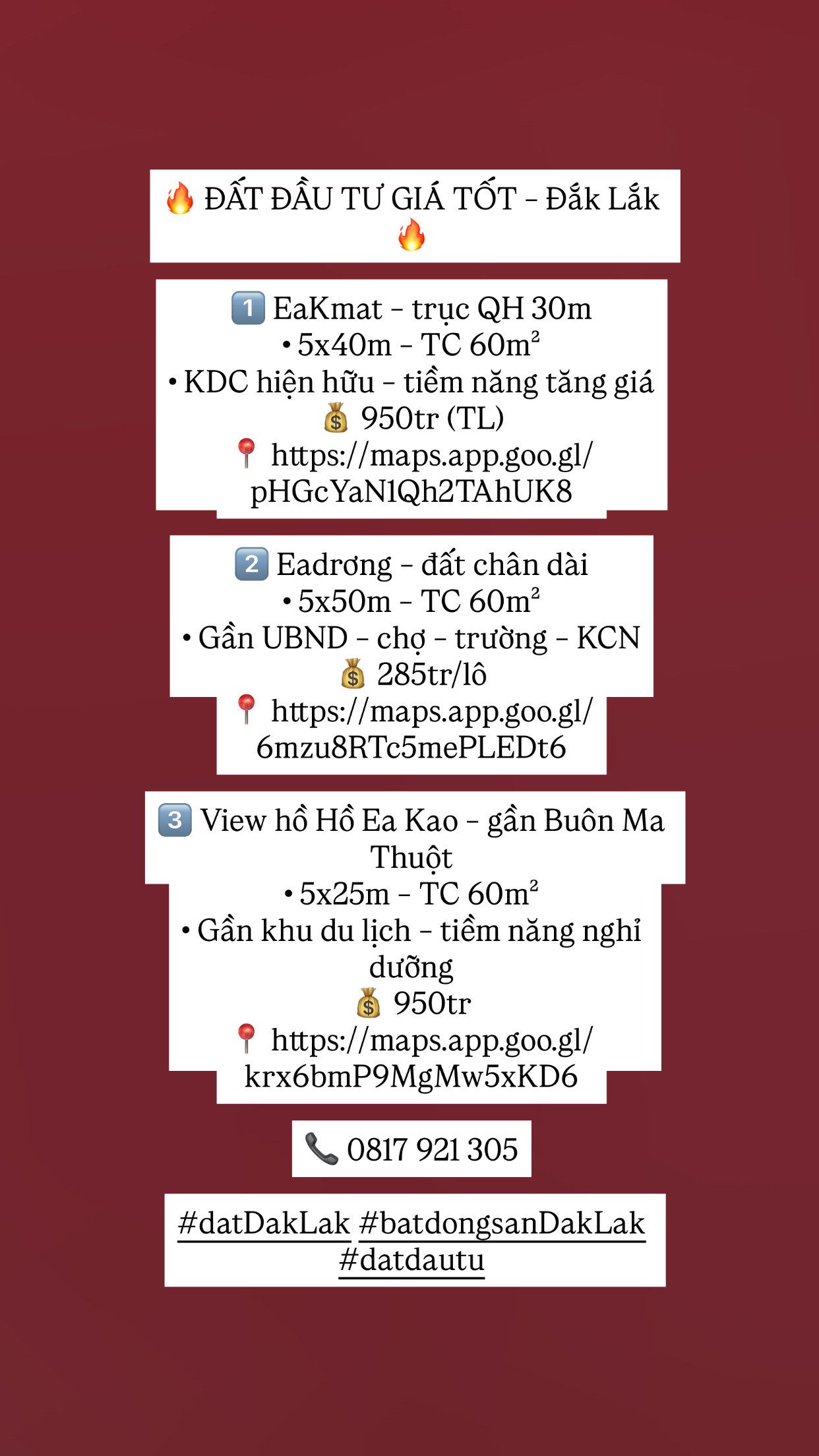 🔥 ĐẤT ĐẮK LẮK – GIÁ TỐT ĐẦU TƯ 🔥

📍 1. EaKmat – trục QH 30m
• 5x40 – thổ cư 60m²
• Khu dân cư, xây ở ngay – tiềm năng tăng giá
💰 950 triệu (TL)
📍 https://maps.app.goo.gl/pHGcYaN1Qh2TAhUK8

📍 2. Eadrơng – đất chân dài
• 5x50 – thổ cư 60m²
• Gần U