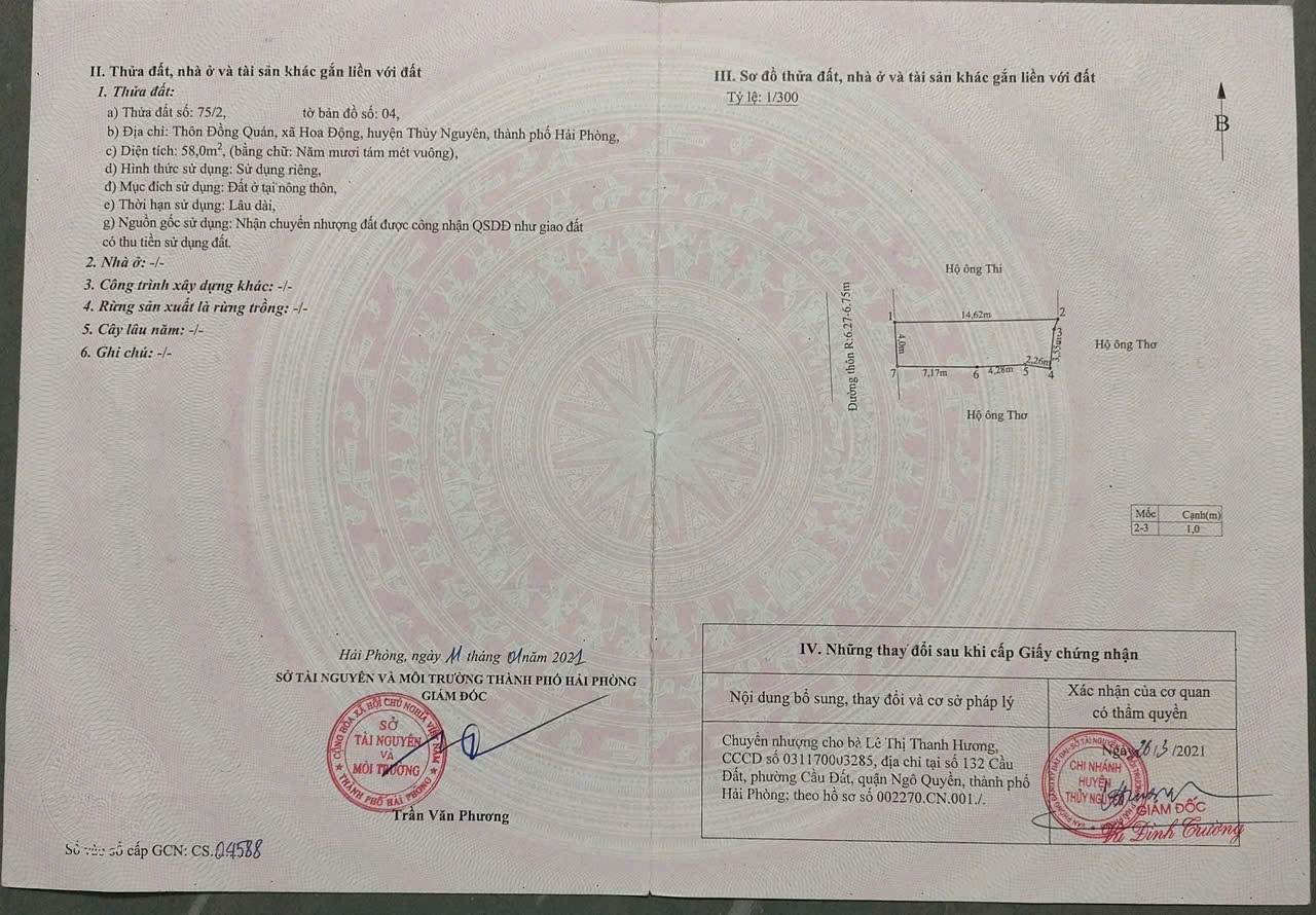 1 lô duy nhất đẹp mướt mơ tại đồng quán hoa động  Thủy Nguyên dt 58m ngang 4 giá chỉ 2tỷ 3xx lh ngay 0382342632 em liên