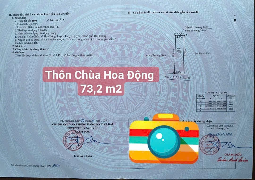Bán đất 73m2m² 2.3 tỷ tại  Hoa Động Thuỷ Nguyên. liên hệ 0362558882