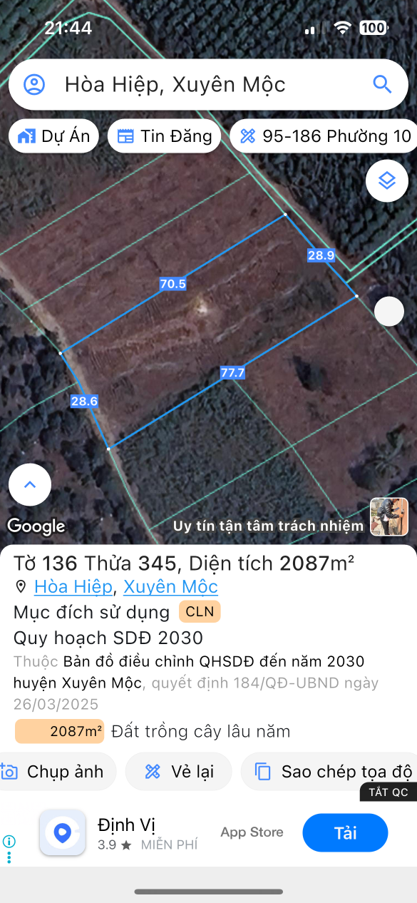 Bán đất 2087m² ngang 28,6m giá 1.25 tỷ Xã Hòa Hiệp