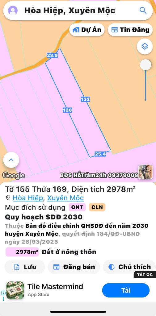 Bán đất 2978,1m² ngang 23,9m giá 1.94 tỷ Xã Hòa Hiệp