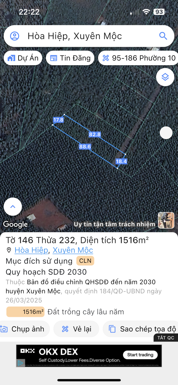 Bán đất 1515,7m² ngang 17,8m giá 682.07 triệu Xã Hòa Hiệp