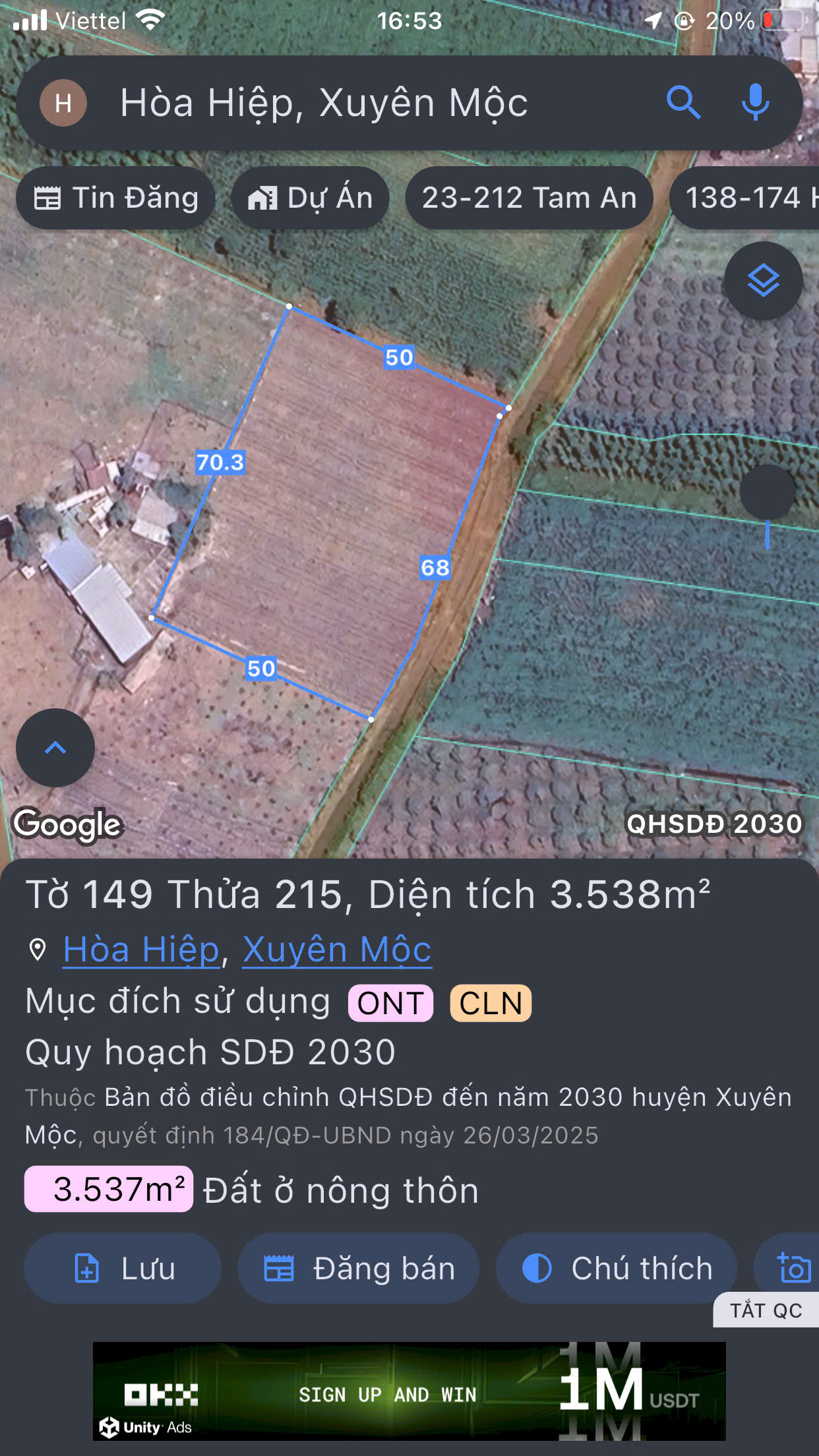 Bán đất 3550.3m² có sẵn 100m² thổ cư ngang 70.5m giá 4.2 tỷ tại Xã Hòa Hiệp