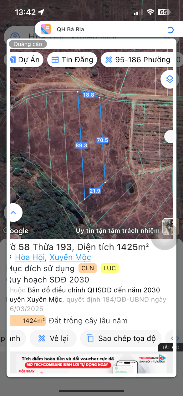 Bán đất 1425,3m² ngang 20m giá 570 triệu Xã Hòa Hội
