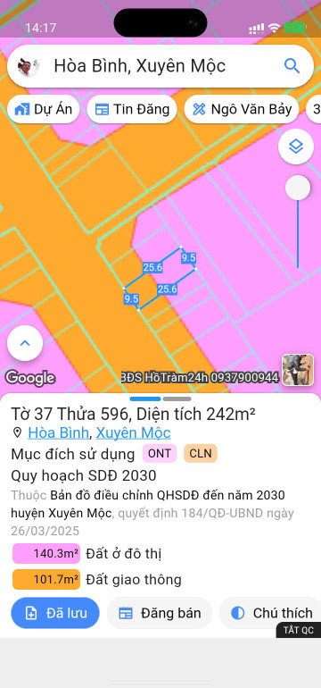Bán đất 242m² ngang 9.5m giá 3.95 tỷ Xã Hòa Hội