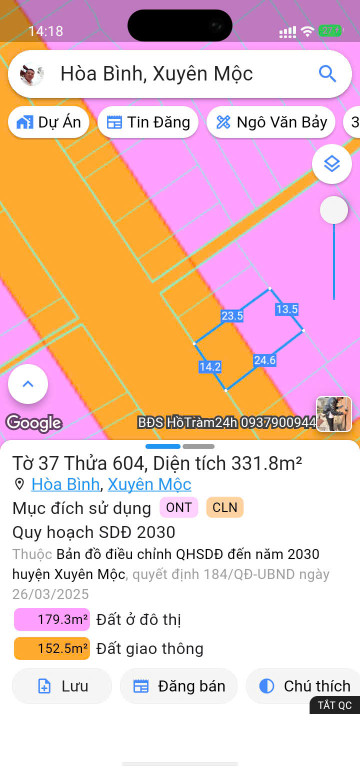 Bán đất 332m² ngang 14.12m giá 3.95 tỷ Xã Hòa Hội