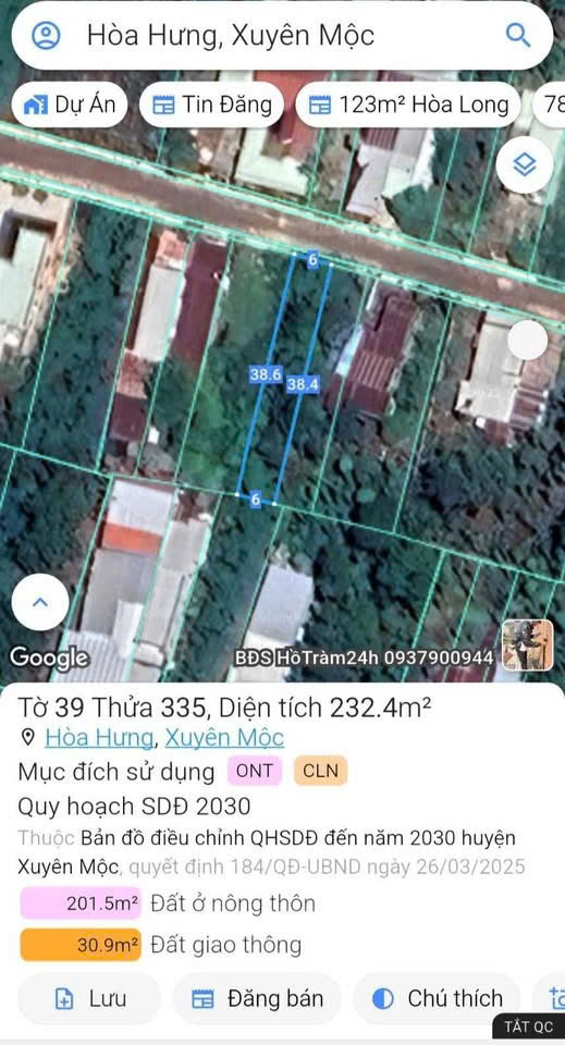 Bán đất 232m² ngang 6m giá 1.2 tỷ Xã Hòa Hội
