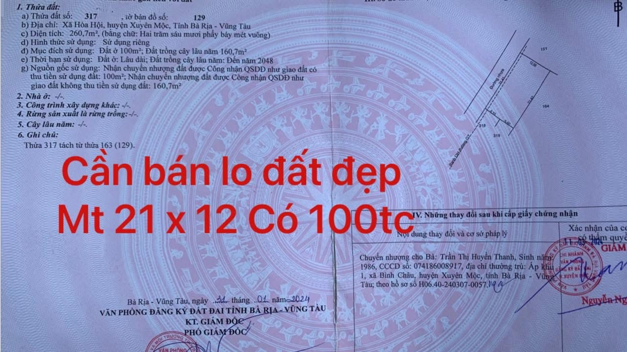 Bán đất 260m² ngang 21m giá 850 triệu Xã Hòa Hội