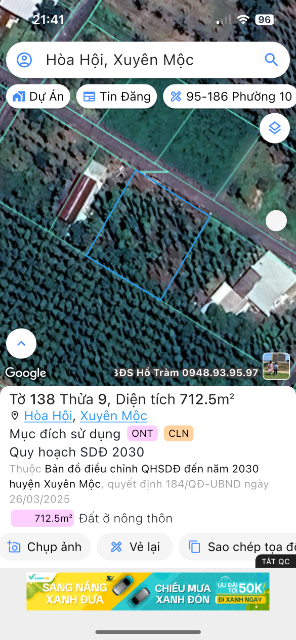 Bán đất 712,5m² ngang 25,3m giá 92.65 tỷ Xã Hòa Hội