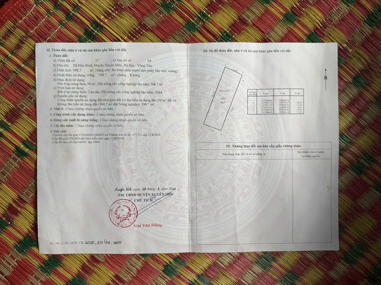 Bán đất 398,7m² ngang 11,2m giá 2.23 tỷ Xã Hòa Hội Xuyên mộc