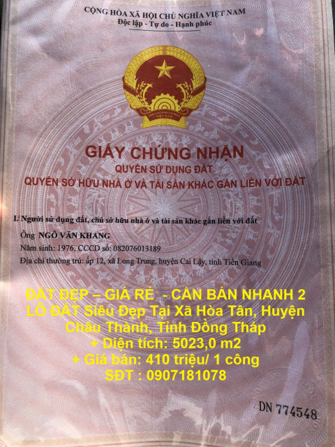 ĐẤT ĐẸP – GIÁ RẺ  - CẦN BÁN NHANH 2 LÔ ĐẤT Siêu Đẹp Tại CHÂU THÀNH, ĐỒNG THÁP