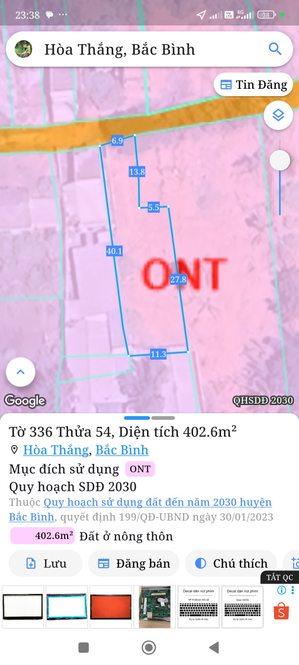 Bán đất 402m² giá 3 tỷ Xã Hòa Thắng