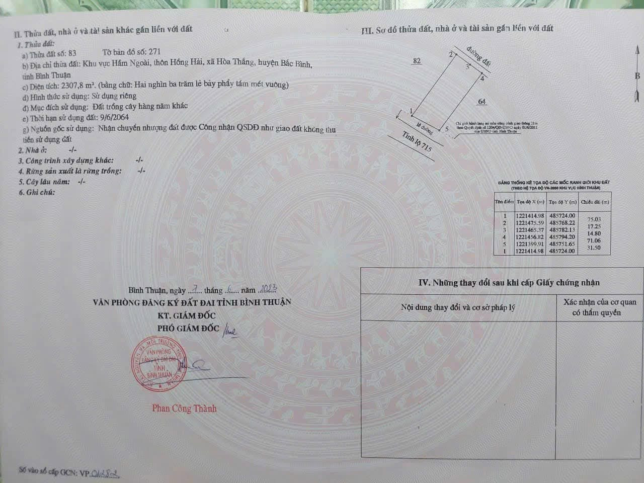 Bán đất 2307m² 3.45 tỷ tại Xã Hòa Thắng Huyện Bắc Bình